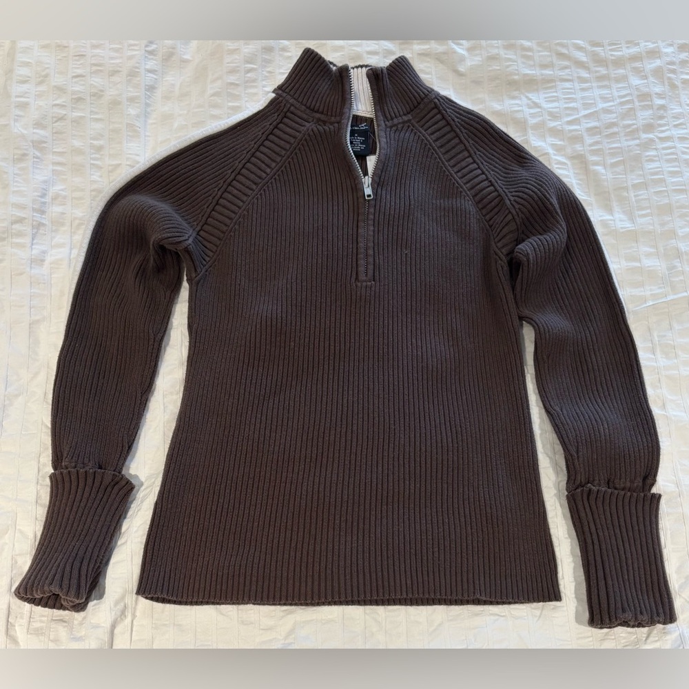 VINTAGE 90’s Brown Ribbed Half-Zip Sweater Made in Macau Chunky Stretch Knit M - Picture 1 of 6